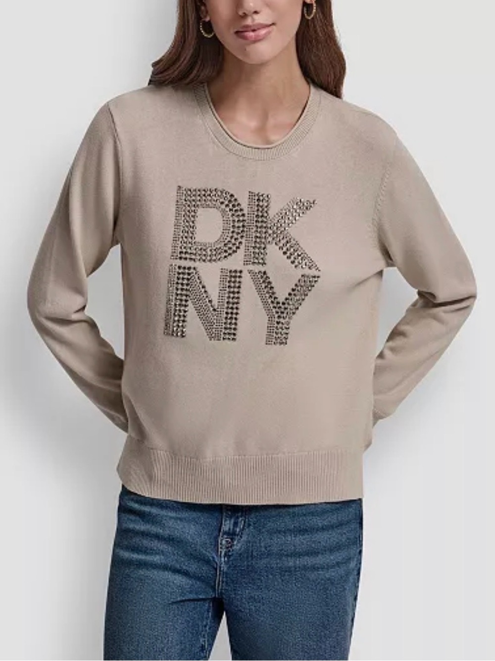 DKNY Jeans Petite Embellished Logo Crewneck Sweater Beige Size PS